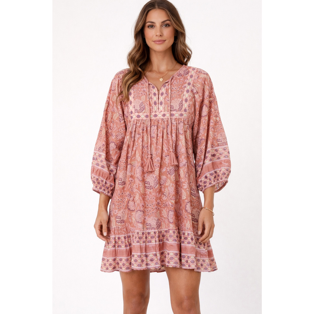 Cleobella Dress Womens L Pink Floral Boho Balloon Sleeve Tassel Mini Swing
